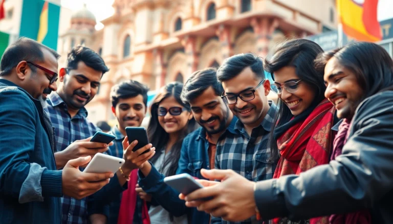 Engaging scene of bettors using best sports betting sites India on mobile devices against a vibrant urban backdrop.