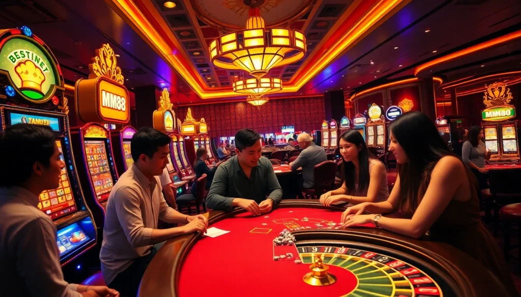Experience the thrill of MM88 at a bustling casino with vivid slot machines and active players.