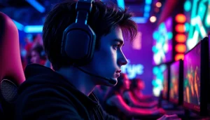 Engaged gamer competing in esports at https://gamelevate.com with high-tech gaming gear and a crowd behind.