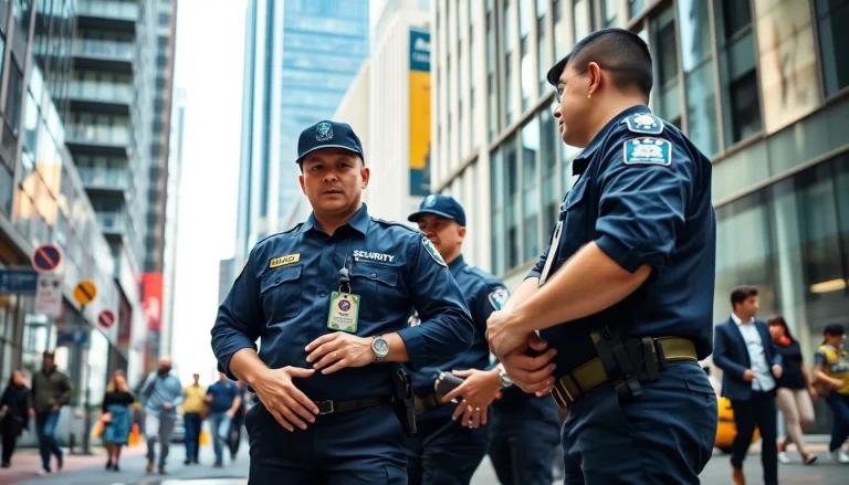 Security Guards providing vigilant protection in an urban environment, showcasing authority and professionalism.