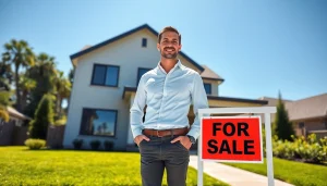 Real Estate agent highlights a modern house for sale in a sunny suburban setting.