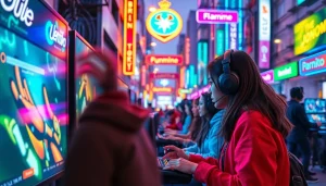 Menggambarkan pemain menikmati jentoto dengan latar belakang penuh warna dan suasana yang energik.