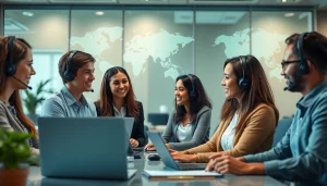 On-demand interpretation services being provided by diverse professionals in a modern office environment.