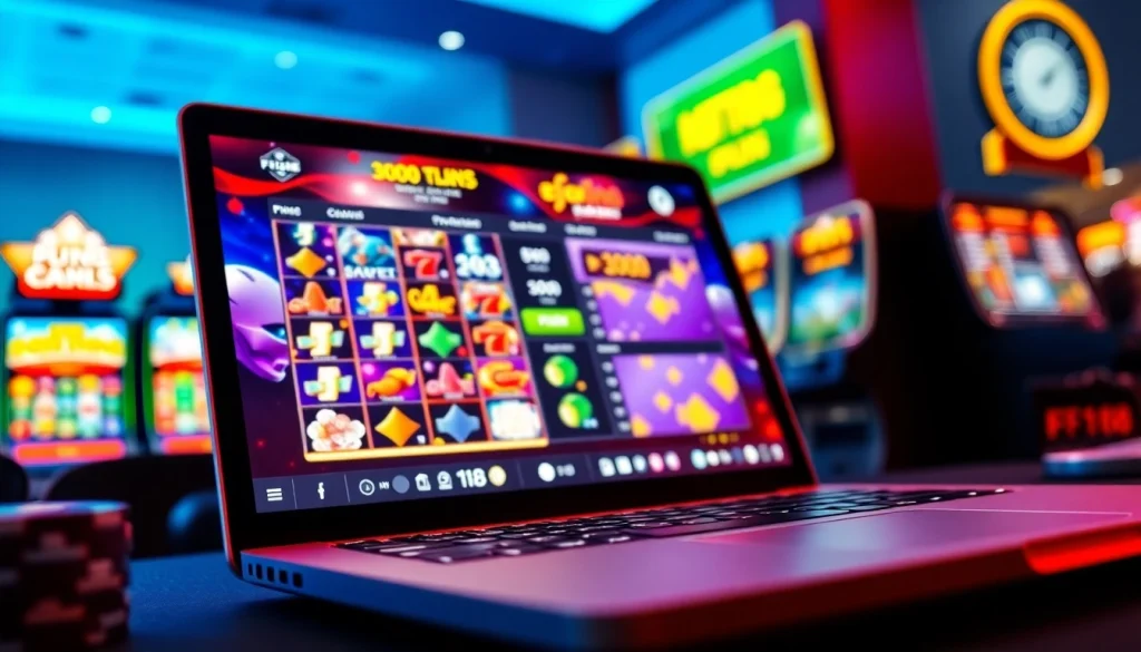 F168 online gaming experience showcasing vibrant slot machines and sports betting on a laptop.