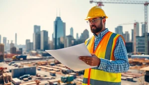 New York Construction Manager supervising a bustling construction site against the NYC skyline.
