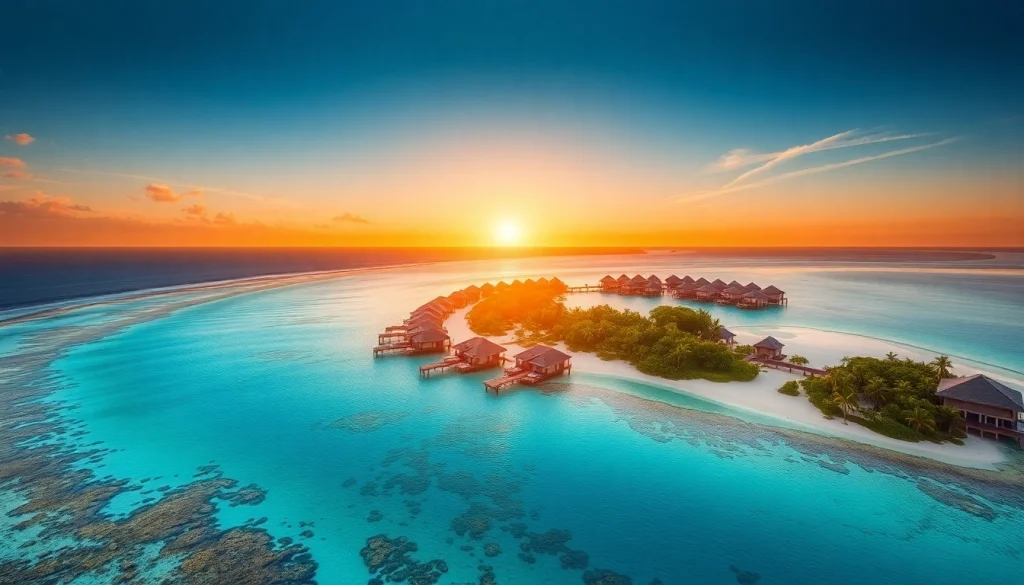 Luxury travel destinations featuring overwater villas in the Maldives at sunset.