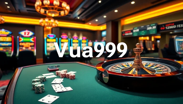 Experience the thrill of betting at Vua99, featuring poker chips and a roulette wheel in a luxurious casino setup.