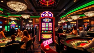Excited players enjoying a toto slot machine in a vibrant casino atmosphere.