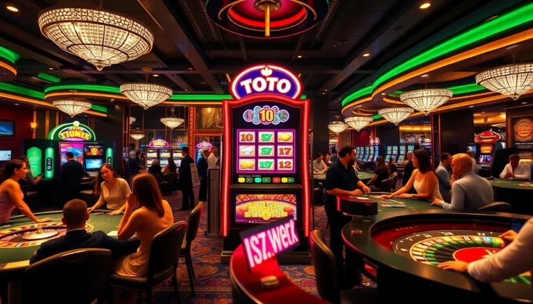 Excited players enjoying a toto slot machine in a vibrant casino atmosphere.