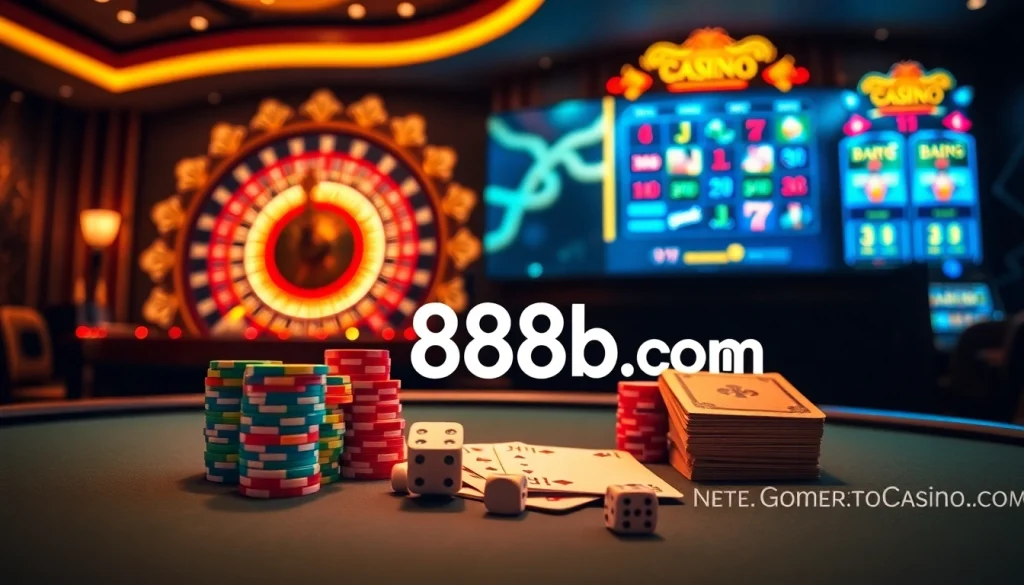 Experience the excitement of 888b.com with vibrant casino elements featuring poker chips, cards, and dice.