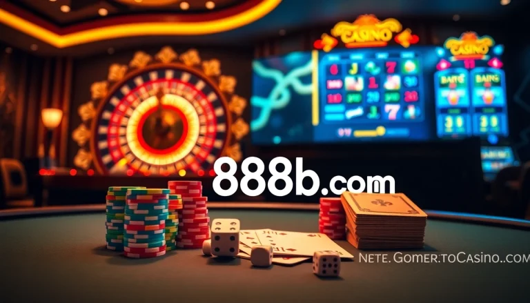 Experience the excitement of 888b.com with vibrant casino elements featuring poker chips, cards, and dice.