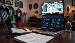 Engaging scene of sports betting in Alabama with a laptop and sports memorabilia in a cozy home office.