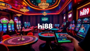 Experience the thrill of Hi88 with vibrant casino tables filled with players enjoying exciting games.