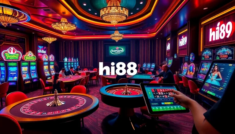 Experience the thrill of Hi88 with vibrant casino tables filled with players enjoying exciting games.