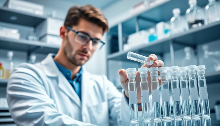 Researcher examining lab-tested peptides in a professional laboratory setting.