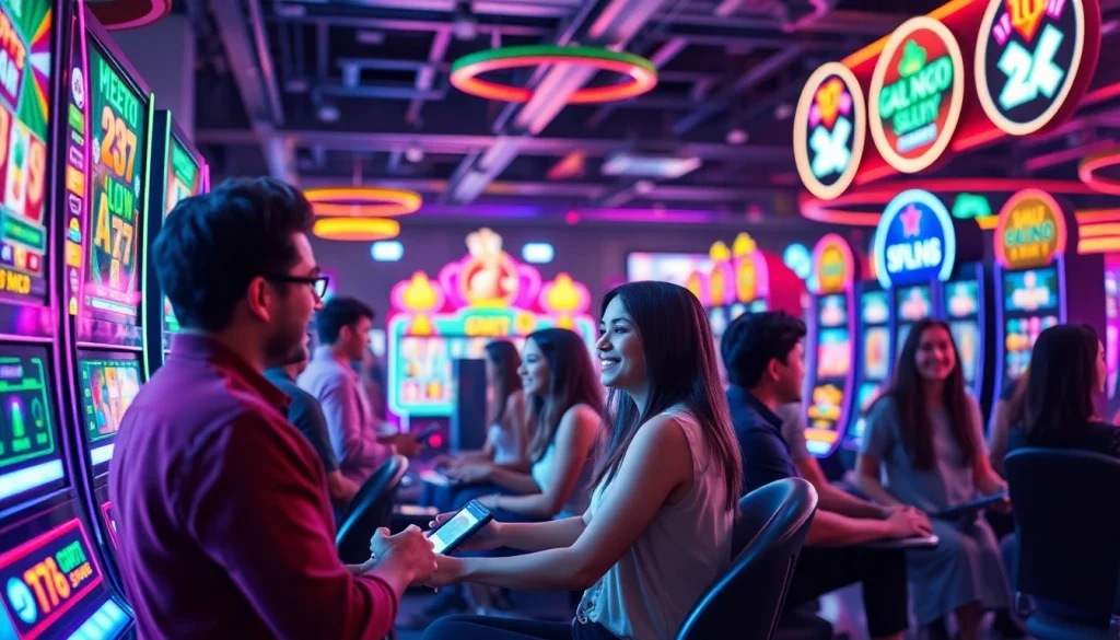 Petani toto bermain slot dalam lingkungan kasino online yang cerah dan meriah.