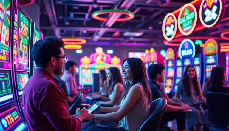 Petani toto bermain slot dalam lingkungan kasino online yang cerah dan meriah.