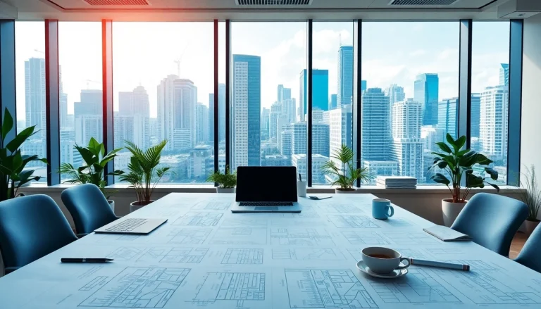 Real Estate office environment showcasing detailed listings, blueprints, and a modern urban skyline.