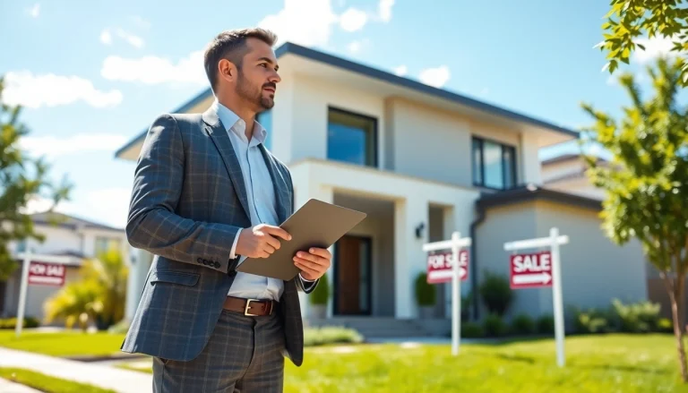 Real Estate agent showcasing a stunning property in a vibrant suburban neighborhood.