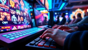Players enjoying online gaming at https://rusia777.com in a vibrant, neon-lit environment.