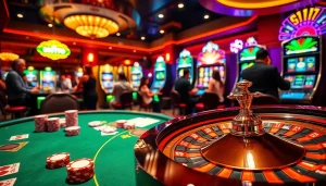 Exciting birutoto gaming scene featuring luxurious poker table and vibrant slot machines.