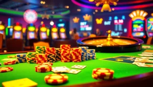 Experience the thrill of Bl555 with vibrant casino tables, poker chips, and engaging slot machines.