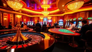 Cascading poker chips stack at a high-stakes table in a vibrant casino atmosphere at https://topclub.space/.