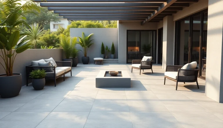 Découvrez un carrelage extérieur époustouflant dans une terrasse extérieure moderne entourée de verdure luxuriante.