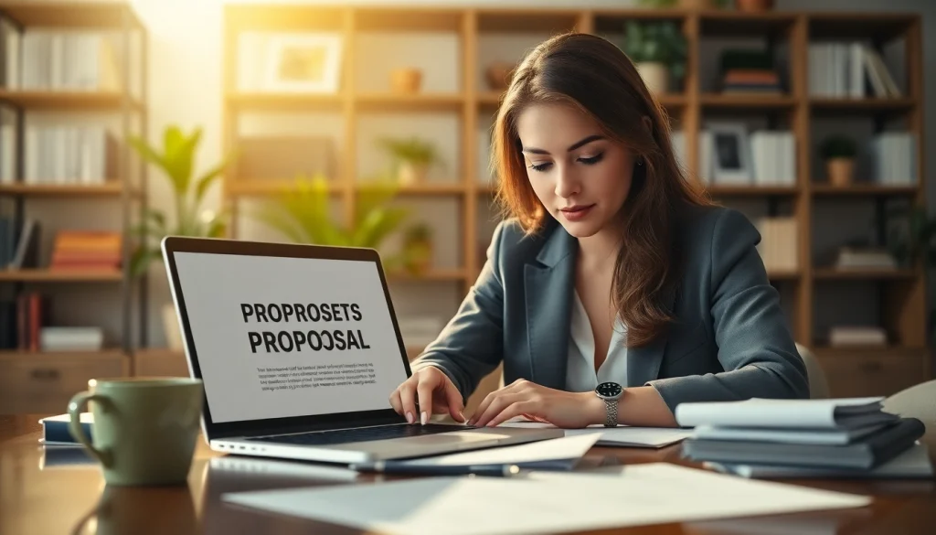 Engaging in customized proposal writing at an office desk, showcasing focus and professionalism.