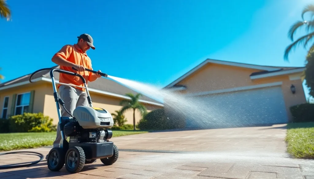Professional pressure wash service revitalizing a driveway in Kissimmee, FL.