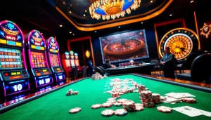 Nổ Hũ QH88 slot machines creating a thrilling casino atmosphere with vibrant colors and excitement.