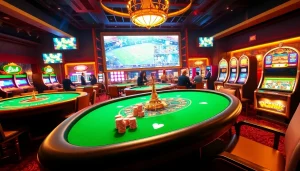 Players enjoying thrilling games at UU88 casino with vibrant tables, chips, and slot machines.