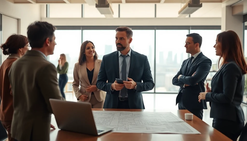 Real Estate agent assisting clients in a bright office space with blueprints.