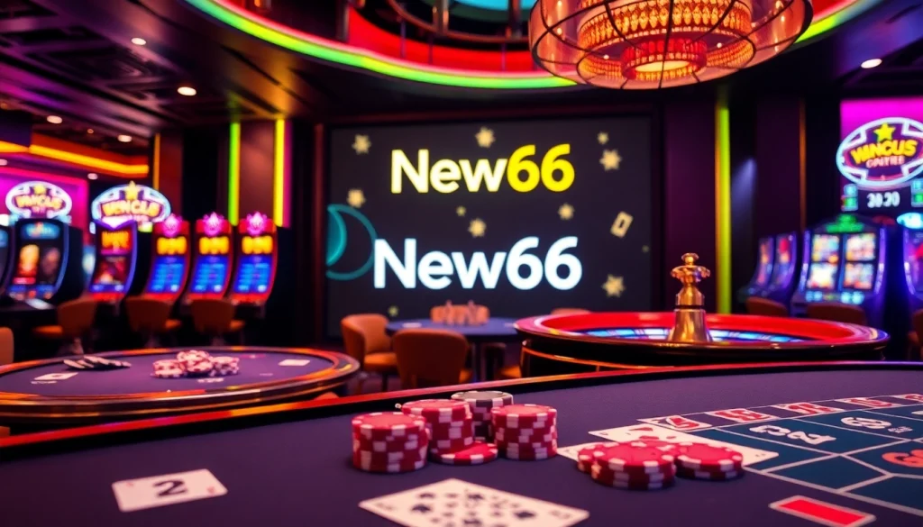 Experience thrilling gaming at new66 with vibrant casino scenes featuring poker and slot machines.