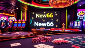 Experience thrilling gaming at new66 with vibrant casino scenes featuring poker and slot machines.