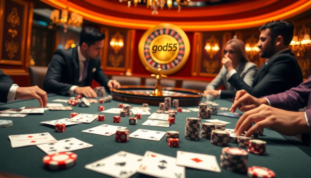 Players enjoying a thrilling poker game at a luxurious casino, highlighting god55 in the digital interface.