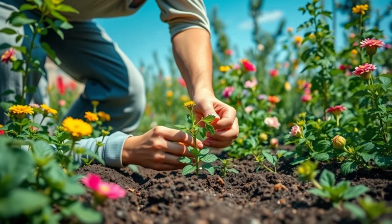 Gardening scene showcasing a gardener nurturing plants in a vibrant green garden.