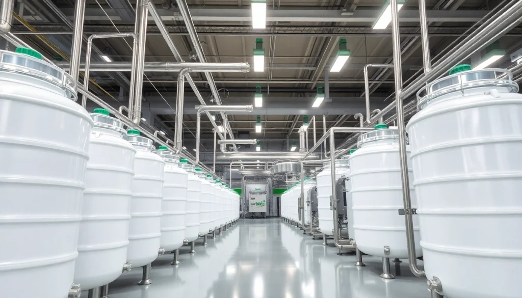 Adoçante industrial em ambiente de produção com containers e linha moderna.