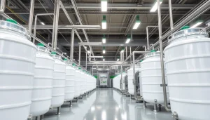 Adoçante industrial em ambiente de produção com containers e linha moderna.