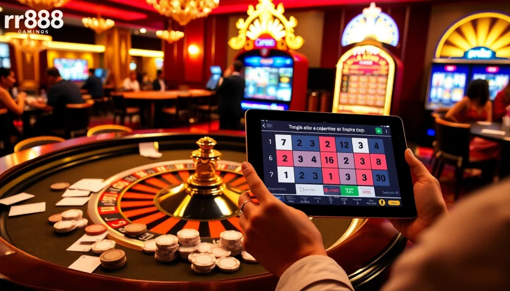 Exciting casino action at rr88 with roulette, cards, and vibrant slot machines.