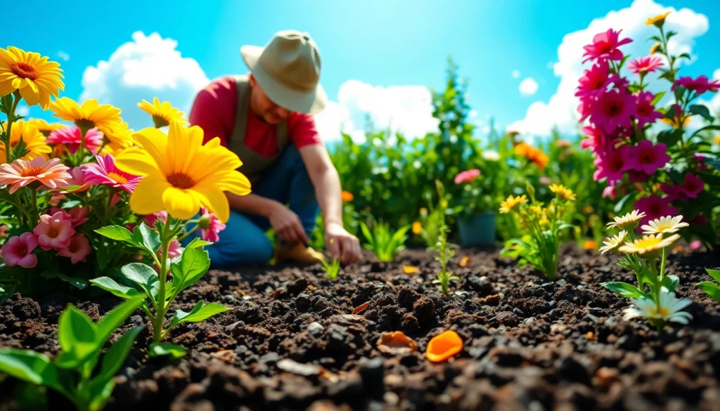 Gardening scene showcasing a gardener planting seeds among vibrant flowers illustrating growth.