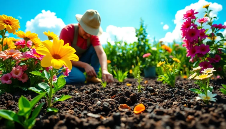Gardening scene showcasing a gardener planting seeds among vibrant flowers illustrating growth.