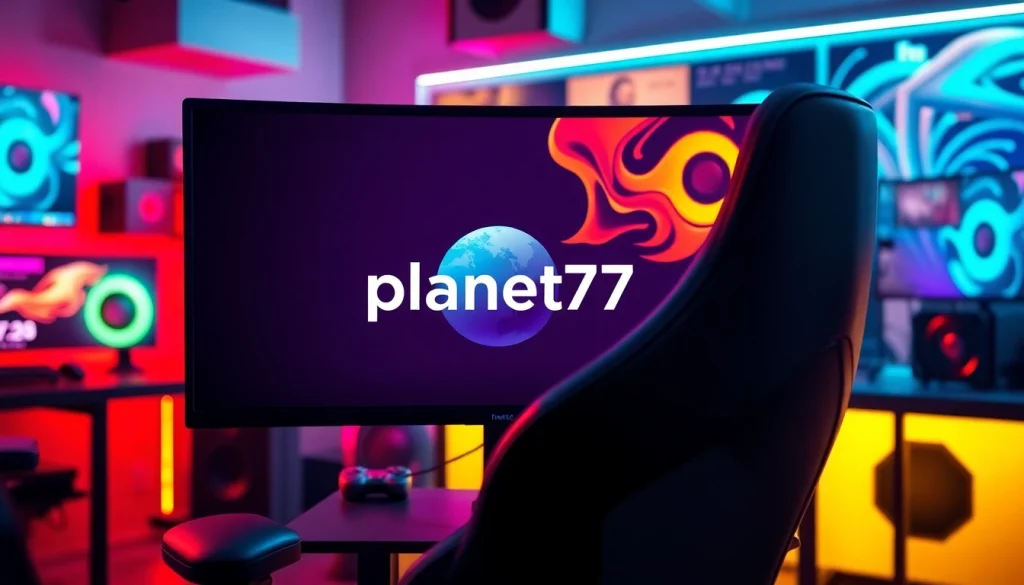 Menyajikan PLANET77 LINK dengan layar monitor gaming yang modern dan aksesori berwarna cerah.