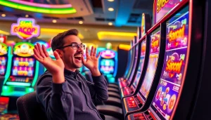 Menang besar di Slot Gacor dengan ekspresi bahagia pemain yang terlibat di lingkungan kasino.