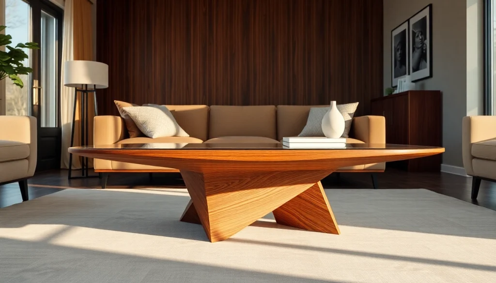 Στιλάτο τραπέζι νογκουτσι με κομψό σχεδιασμό και γυάλινη επιφάνεια σε μοντέρνο σαλόνι.