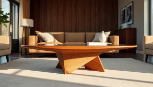 Στιλάτο τραπέζι νογκουτσι με κομψό σχεδιασμό και γυάλινη επιφάνεια σε μοντέρνο σαλόνι.