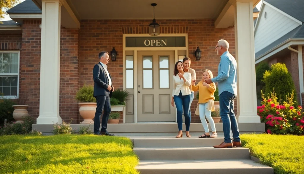 Real Estate agent showcasing a home to a family during an inviting open house event.