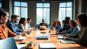 Business team collaborating effectively in a bright, professional environment.