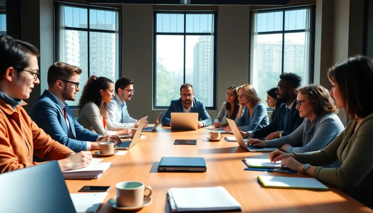 Business team collaborating effectively in a bright, professional environment.