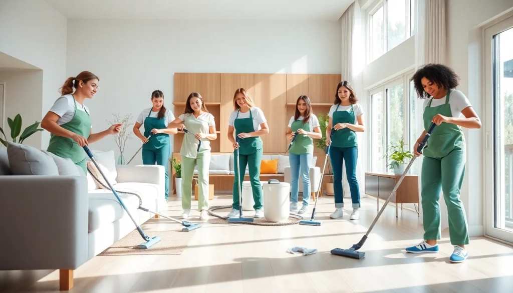 Cleaning service professionals diligently tidying a bright, modern home interior.